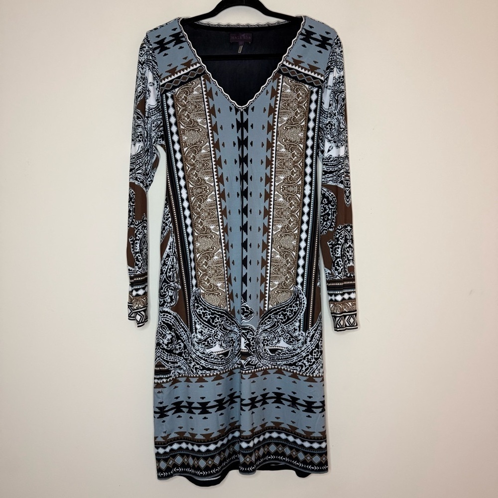HALE BOB Designer Blue Bohemian Aztec Paisley Printed Longsleeve Midi Dress - Picture 2 of 11